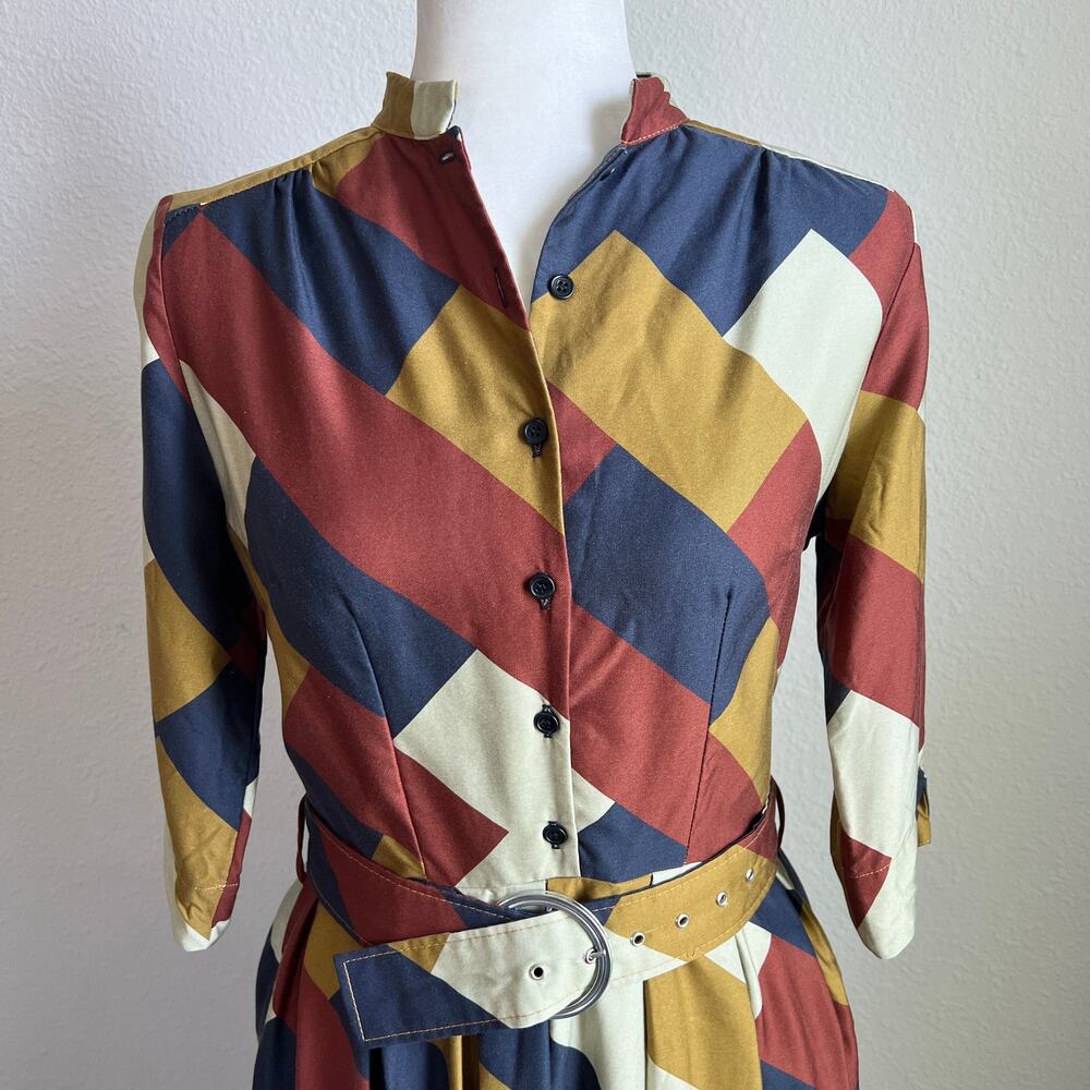 Palava Vintage-Inspired Geometric Print Shirt Dress Women's 10 Flawed - Picture 2 of 11